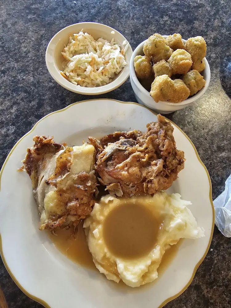 Fried Chicken Dinner Thigh and Breast with Mashed Potatoes and Brown Gravy Fried Okra and Coleslaw